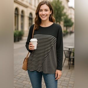 Cotton Bleu Black White Striped Colorblock Long Sleeve Top XL